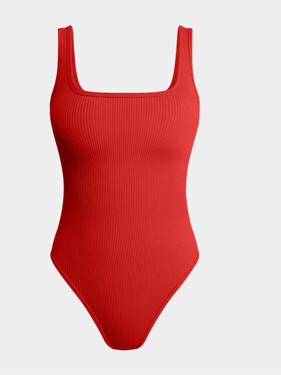 Oqq Orange Ribbed Square-Neck One-Piece Bodysuit